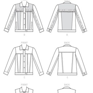 May include: Line drawing illustrations of four different denim jacket styles, labeled A, B, C, and D. Each style is shown from the front and back. The illustrations show the different stitching details and pockets of each jacket.