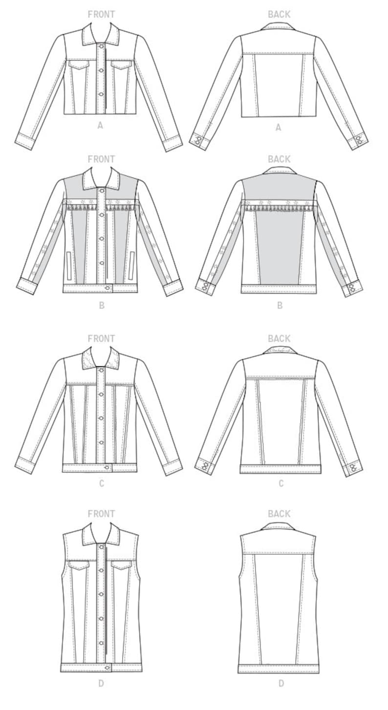 May include: Line drawing illustrations of four different denim jacket styles, labeled A, B, C, and D. Each style is shown from the front and back. The illustrations show the different stitching details and pockets of each jacket.