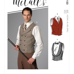 May include: A sewing pattern for a waistcoat, with a model wearing a brown waistcoat with a white shirt and a tie. The pattern includes instructions for making a red waistcoat and a black and white patterned waistcoat.