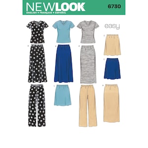 Easy Sewing Pattern for Womens Knit Tops, Skirt and Pants, Pullover Tops, Elastic Waist Pants, New Look 6730, Size S-XL, Uncut FF