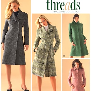 May include: Simplicity pattern 4403 Threads Magazine Collection featuring four coat designs. Includes a dark gray textured coat, a green plaid belted coat, a solid green coat with a high collar, and a pinkish-brown coat with button details.