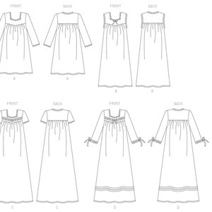May include: Line drawing patterns for a nightgown with different sleeve and neckline options. The patterns are labeled A, B, C, and D.  Front and back views are shown for each pattern.