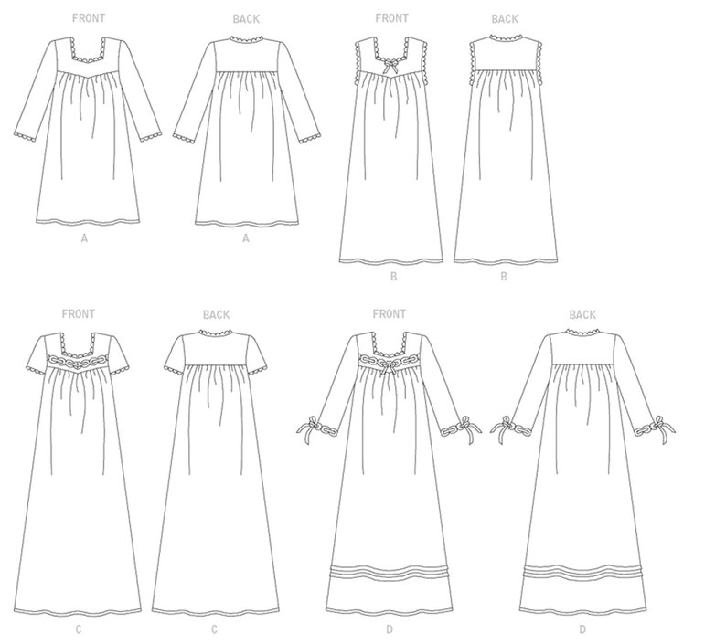 May include: Line drawing patterns for a nightgown with different sleeve and neckline options. The patterns are labeled A, B, C, and D.  Front and back views are shown for each pattern.
