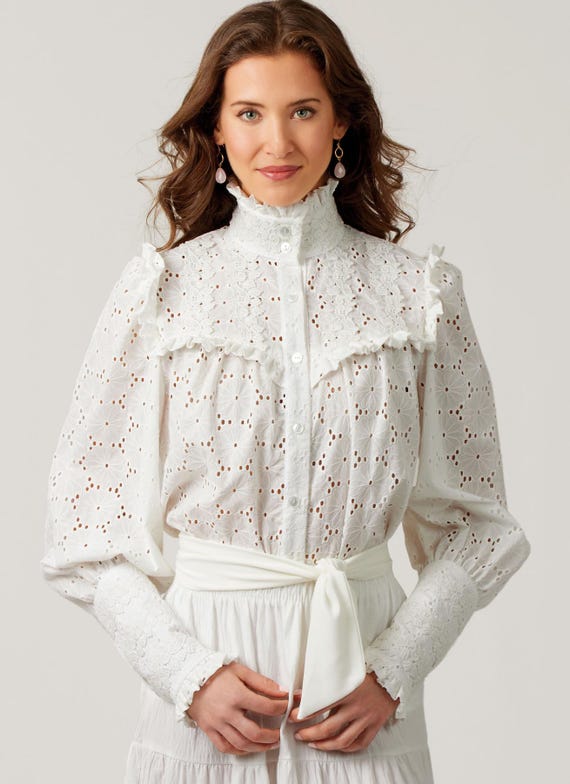 レディーストップスの裁縫パターン、長袖トップス、ボタンフロント