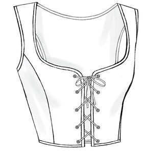 May include: A white sleeveless top with a lace-up front. The top has a scoop neckline and a fitted bodice.