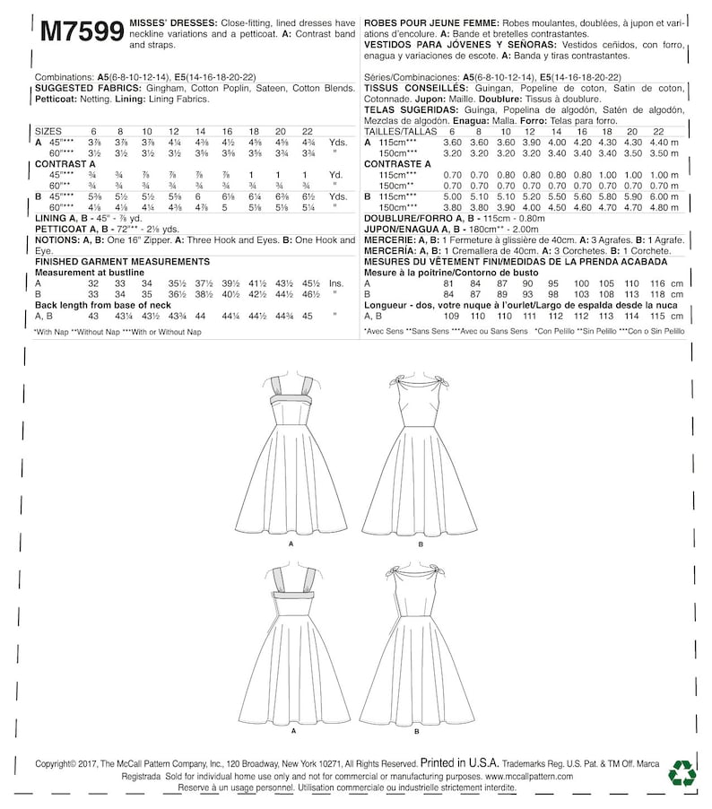 Sewing Pattern for Women's Dress, Vintage Style Dress with Petticoat, Fit and Flare Dress, Size 6-14 and 14-22, McCalls 7599, Uncut FF image 7