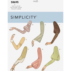 May include: Vintage Simplicity sewing pattern S8695 from the 1930s. The pattern features illustrations of various sleeve styles, including puffed, bell, and patterned designs. The size range is U.S. 10-22.