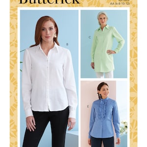 May include: A sewing pattern for a women's shirt with three different styles. The pattern is from Butterick and the pattern number is B6747. The size is AA (6-8-10-12).