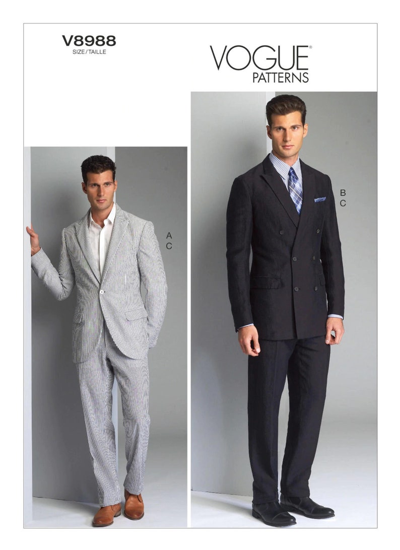 May include: Two men's suit patterns, one in a light gray pinstripe and the other in a dark navy blue. The patterns are labeled A and B, respectively. The text "V8988" and "VOGUE PATTERNS" is visible in the image.