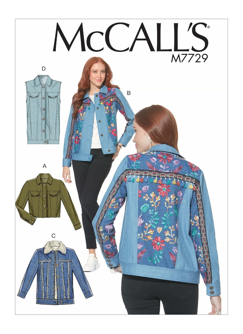 May include: A sewing pattern for a denim jacket with different variations. The pattern includes a classic denim jacket, a denim vest, and a denim jacket with embroidered details. The pattern number is M7729.