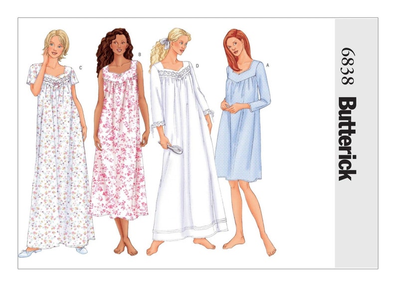 May include: A sewing pattern for four different nightgowns. The pattern is from Butterick and the pattern number is 6838. The nightgowns are in different colors and patterns, including white, blue, and floral.