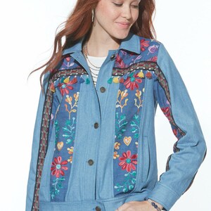 May include: A light blue denim jacket with colorful embroidered flowers and tassels. The jacket has a button closure and long sleeves.
