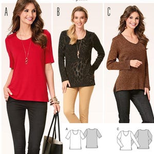 May include: A Burda Style sewing pattern featuring three shirt designs. The models are wearing a red short-sleeve shirt, a black long-sleeve shirt with a leopard print, and a brown long-sleeve V-neck shirt. The pattern includes sizes EUR 36-50 and US 10-24.
