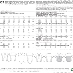 May include: A sewing pattern for tops with different neckline and sleeve variations. The pattern includes instructions for making a top with a shaped hemline, a top with a sleeve band, and a top with a collar. The pattern is designed for medium weight woven fabrics such as crepe, challis, cotton blends, and charmeuse. The pattern includes size charts in both inches and centimeters.