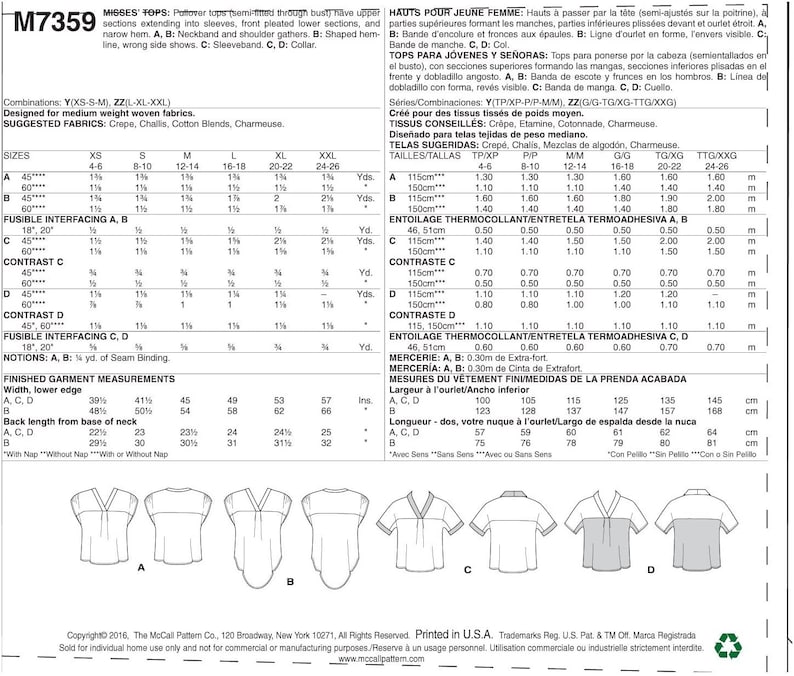 May include: A sewing pattern for tops with different neckline and sleeve variations. The pattern includes instructions for making a top with a shaped hemline, a top with a sleeve band, and a top with a collar. The pattern is designed for medium weight woven fabrics such as crepe, challis, cotton blends, and charmeuse. The pattern includes size charts in both inches and centimeters.