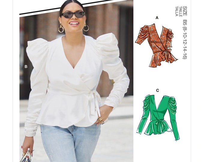 Sewing Pattern for Womens Wrap Tops, Peplum Top Pattern, Puff Sleeve