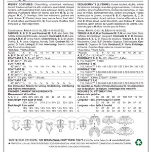 Pu&ograve; includere: Un cartamodello per un corsetto e una gonna da donna. Il cartamodello &egrave; per un progetto di cucito avanzato e include istruzioni per la fodera, l'interfodera e l'interfacciatura. Il cartamodello &egrave; disponibile nelle taglie 6-22. Il cartamodello &egrave; stampato su uno sfondo bianco con testo nero.