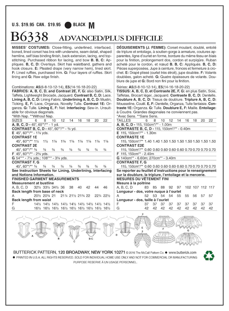 Pu&ograve; includere: Un cartamodello per un corsetto e una gonna da donna. Il cartamodello &egrave; per un progetto di cucito avanzato e include istruzioni per la fodera, l'interfodera e l'interfacciatura. Il cartamodello &egrave; disponibile nelle taglie 6-22. Il cartamodello &egrave; stampato su uno sfondo bianco con testo nero.