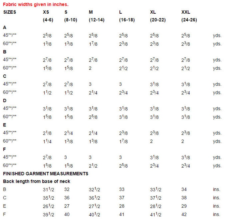May include: A chart showing fabric widths in inches for different sizes, from XS to XXL. The chart also includes finished garment measurements in inches for back length from the base of the neck.