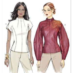 May include: Vogue Patterns sewing pattern showing two women's tops. One is a white, short-sleeved top with vertical seams. The other is a burgundy, long-sleeved top with a high collar. The Vogue Patterns logo is at the top.