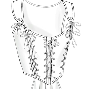 May include: A white corset with a lace-up front and a gathered skirt. The corset has a scoop neckline and adjustable straps.