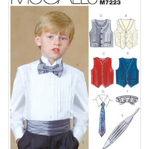 May include: McCall's M7223 sewing pattern for boys' formal wear. The image shows a young boy in a white dress shirt, black pants, and a gray bow tie and cummerbund. Illustrations of vests and ties are also included.