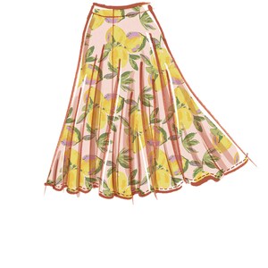 May include: A long, flowing skirt with a pink background and a lemon print. The skirt has a gathered waist and a flowing hem.