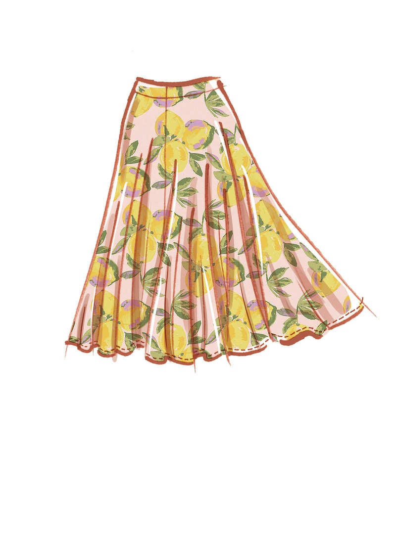 May include: A long, flowing skirt with a pink background and a lemon print. The skirt has a gathered waist and a flowing hem.