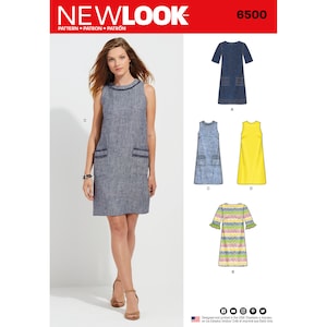 May include: A sewing pattern for a sleeveless dress with pockets. The pattern includes four different styles: a blue denim dress, a yellow dress, a striped dress, and a blue and white dress. The pattern number is 6500.