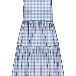May include: A sleeveless, tiered dress pattern in a blue and white gingham check. The dress features a round neckline and a flowing, midi-length skirt. The design is a simple, classic style, perfect for summer.