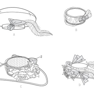 May include: Line art illustration of four different women's hats. The hats include a wide-brimmed hat with a feather and bow, a small hat with a bow and buckle, a hat with a veil and flowers, and a hat with a bow and feather.