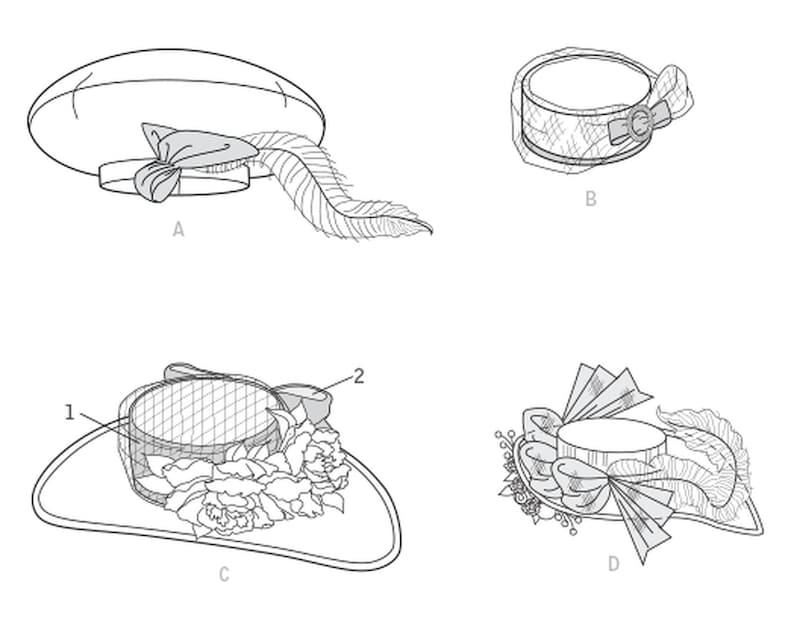 May include: Line art illustration of four different women's hats. The hats include a wide-brimmed hat with a feather and bow, a small hat with a bow and buckle, a hat with a veil and flowers, and a hat with a bow and feather.
