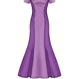 May include: A long, purple dress with a fitted bodice and a flowing skirt. The dress has a scoop neckline and short sleeves.