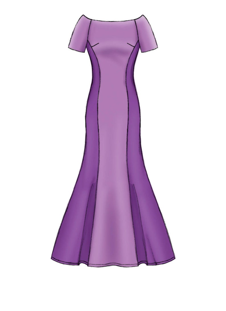 May include: A long, purple dress with a fitted bodice and a flowing skirt. The dress has a scoop neckline and short sleeves.