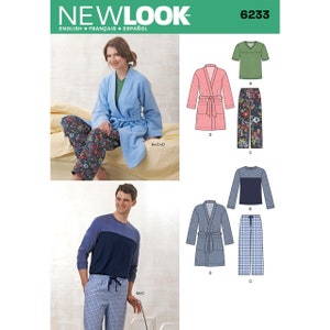 Puede incluir: Patrón de costura New Look, número 6233, con conjuntos de pijama y batas. La imagen muestra a una mujer con una bata azul y pantalones florales, y a un hombre con una camisa de manga larga azul y marino y pantalones a cuadros.