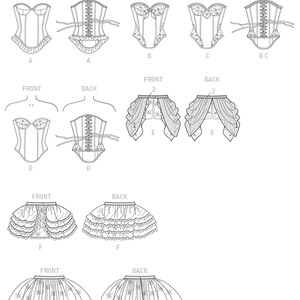 Pu&ograve; includere: Un disegno a linea di un modello di corsetto con diverse varianti per il davanti e il dietro. Il modello comprende un corsetto, una gonna e un bustino.