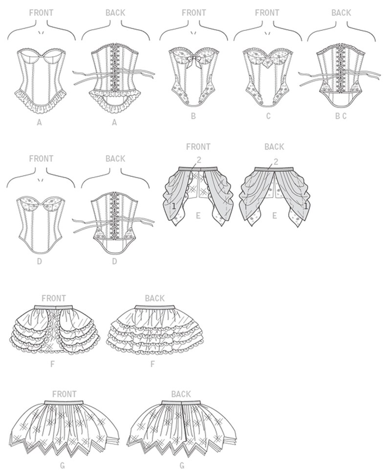 Pu&ograve; includere: Un disegno a linea di un modello di corsetto con diverse varianti per il davanti e il dietro. Il modello comprende un corsetto, una gonna e un bustino.