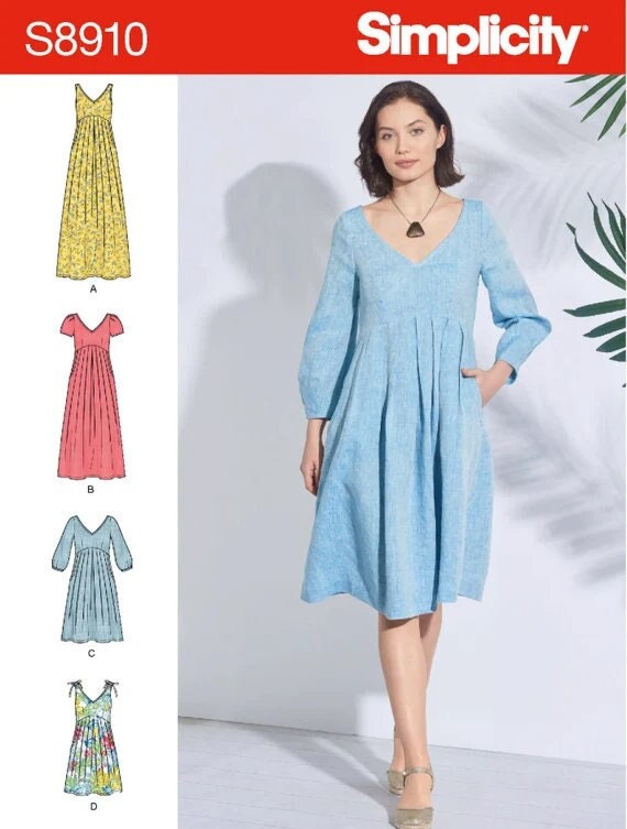 Sewing Pattern for Womens Dress, Maxi Dress, Empire Waist Dress, Summer Dress, Simplicity 8910, Size 6-14 14-22, Uncut FF