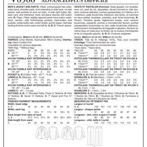 May include: A sewing pattern for a fitted jacket and pants. The pattern includes instructions for making a jacket with a collar, welt pockets, and button vents, as well as pants with button waistbands, pockets, and a fly zipper. The pattern is for sizes 34 to 46. The pattern is printed on a white background with black text and illustrations.