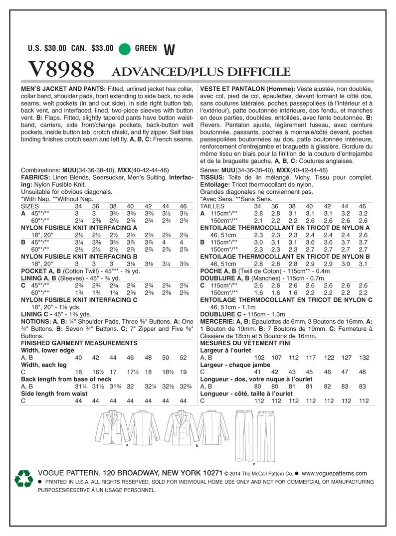 May include: A sewing pattern for a fitted jacket and pants. The pattern includes instructions for making a jacket with a collar, welt pockets, and button vents, as well as pants with button waistbands, pockets, and a fly zipper. The pattern is for sizes 34 to 46. The pattern is printed on a white background with black text and illustrations.