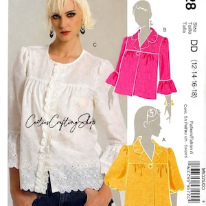 May include: McCall's M5328 sewing pattern featuring three jacket designs. The image shows a woman wearing a white eyelet blouse and illustrations of a pink and yellow jacket. The pattern includes sizes 12-18.