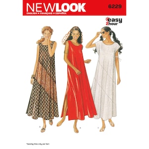 May include: A sewing pattern for three maxi dresses. The dresses are sleeveless and have a loose fit. The pattern is from New Look and is labeled "Easy 2 Hour".