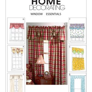 May include: A McCall's Home Decorating pattern for window treatments. The pattern includes five different window treatments: a red and green plaid valance, a floral valance, a yellow valance with a geometric design, a blue valance, and a red and green plaid valance with a tie-back.