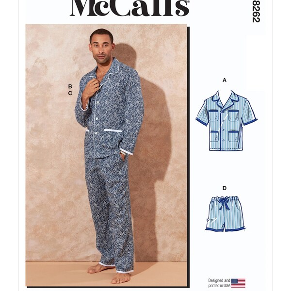 Patron de couture pour pyjama homme, short de pyjama, haut de pyjama et pantalon, pyjama boutonné sur le devant, McCalls 8262, taille S-L XL-XXXL, non coupé