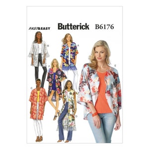 May include: A sewing pattern for a kimono-style jacket with a floral print. The pattern is called "Buttrick B6176" and is labeled "Fast & Easy".