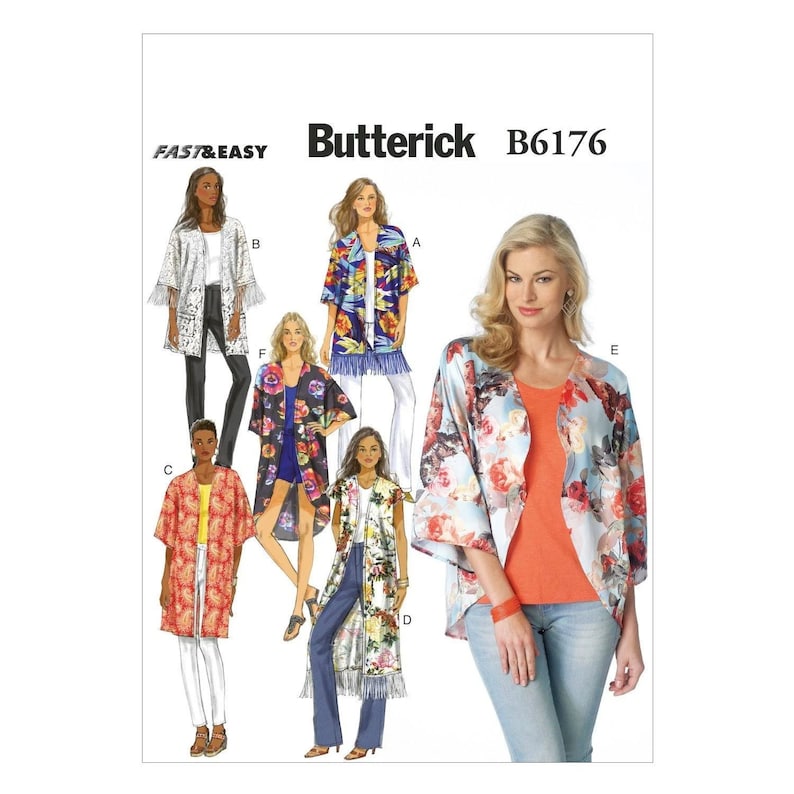 May include: A sewing pattern for a kimono-style jacket with a floral print. The pattern is called "Buttrick B6176" and is labeled "Fast & Easy".