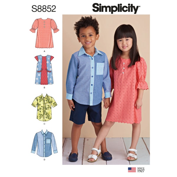 Sewing Pattern for Girl's and Boys Dress and Tops, Boys Button Down Shirt, Puff Sleeve Dress, Size 3-8, Simplicity 8852, Uncut