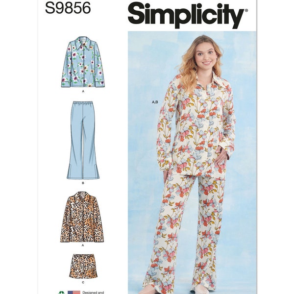 Easy Sewing Pattern for Women's Pajamas, Pajama Tops, Pajama Bottoms, Pajama Shorts, Button Front Pajamas, Simplicity 9856, Size XS-XXL