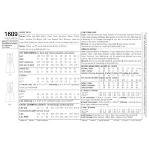 May include: A sewing pattern for a dress with instructions and measurements in inches. The pattern is for sizes 6-22 and includes a contrast collar. The pattern is for a misses' dress.