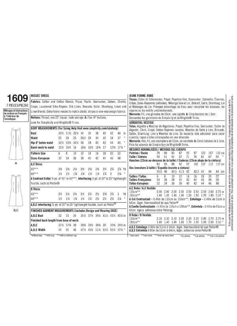 May include: A sewing pattern for a dress with instructions and measurements in inches. The pattern is for sizes 6-22 and includes a contrast collar. The pattern is for a misses' dress.